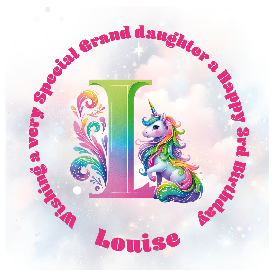 Colorful birthday card with unicorn and letter 'L' for a special birthday. personalised with name age and relation.