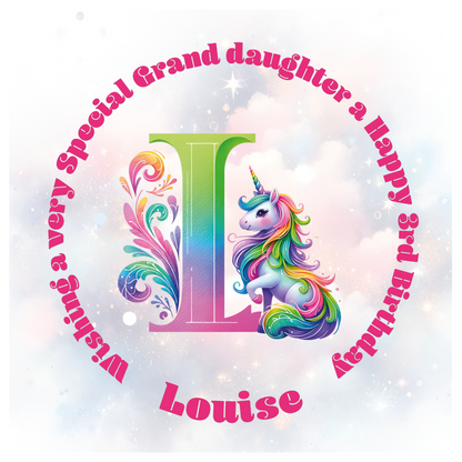 Colorful birthday card with unicorn and letter 'L' for a special birthday. personalised with name age and relation.