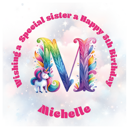 Colorful birthday card with unicorn and letter 'M' for a special birthday. personalised with name age and relation.
