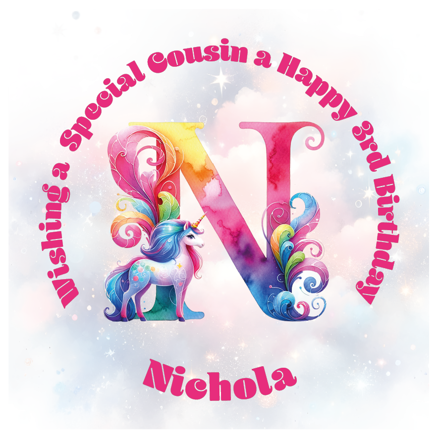 Colorful birthday card with unicorn and letter 'N' for a special birthday. personalised with name age and relation.