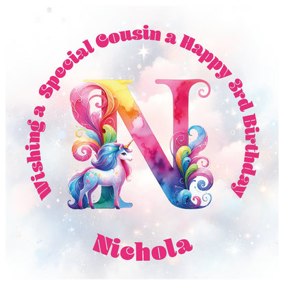 Colorful birthday card with unicorn and letter 'N' for a special birthday. personalised with name age and relation.