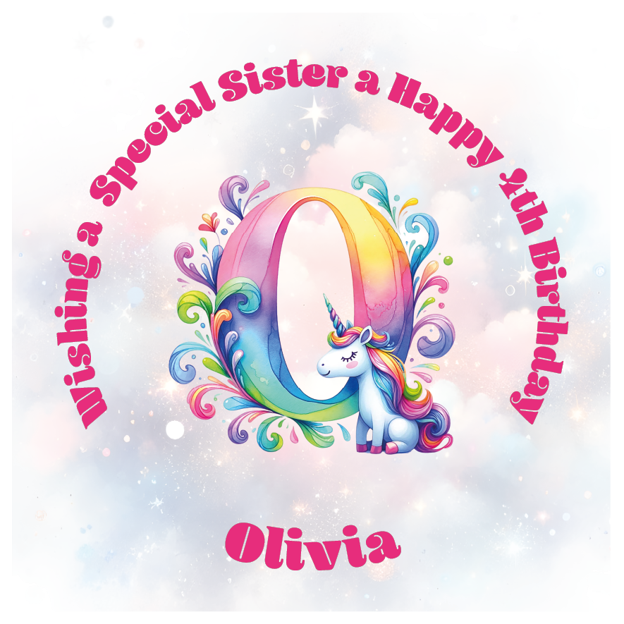 Colorful birthday card with unicorn and letter 'O' for a special birthday. personalised with name age and relation.