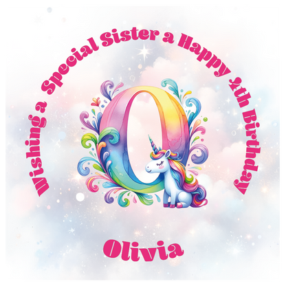 Colorful birthday card with unicorn and letter 'O' for a special birthday. personalised with name age and relation.