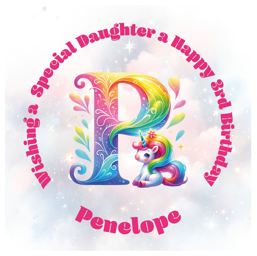 Colorful birthday card with unicorn and letter 'P' for a special birthday. personalised with name age and relation.