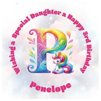 Colorful birthday card with unicorn and letter 'P' for a special birthday. personalised with name age and relation.