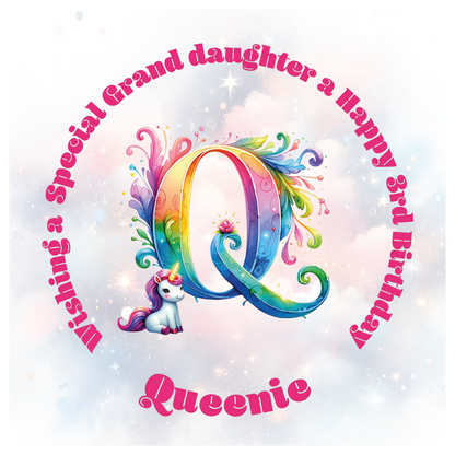 Colorful birthday card with unicorn and letter 'Q' for a special birthday. personalised with name age and relation.
