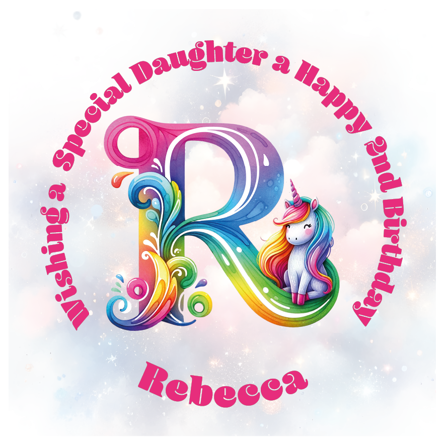 Colorful birthday card with unicorn and letter 'R' for a special birthday. personalised with name age and relation.