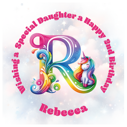 Colorful birthday card with unicorn and letter 'R' for a special birthday. personalised with name age and relation.