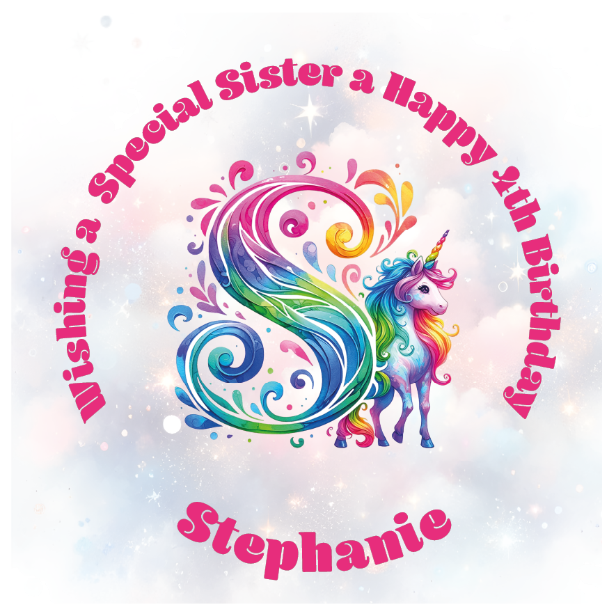 Colorful birthday card with unicorn and letter 'S' for a special birthday. personalised with name age and relation.