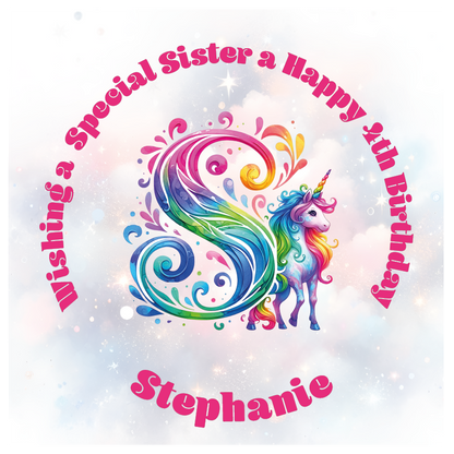 Colorful birthday card with unicorn and letter 'S' for a special birthday. personalised with name age and relation.