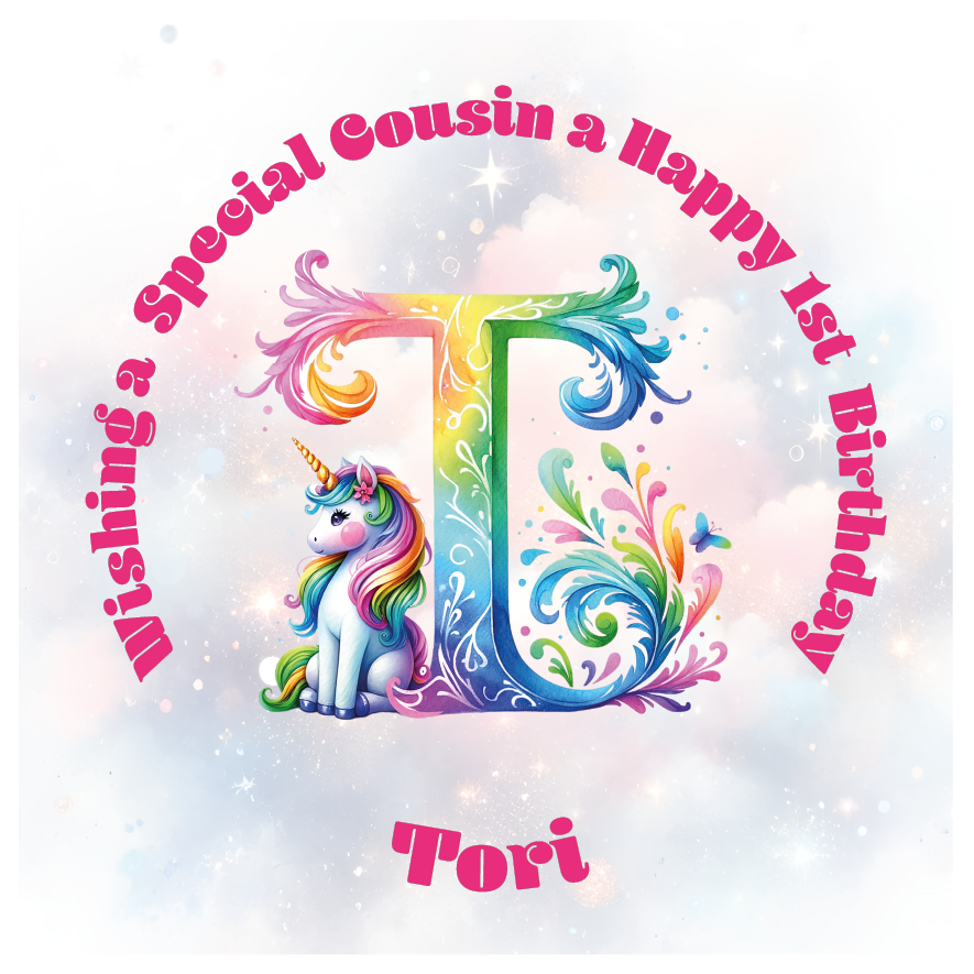 Colorful birthday card with unicorn and letter 'T' for a special birthday. personalised with name age and relation.