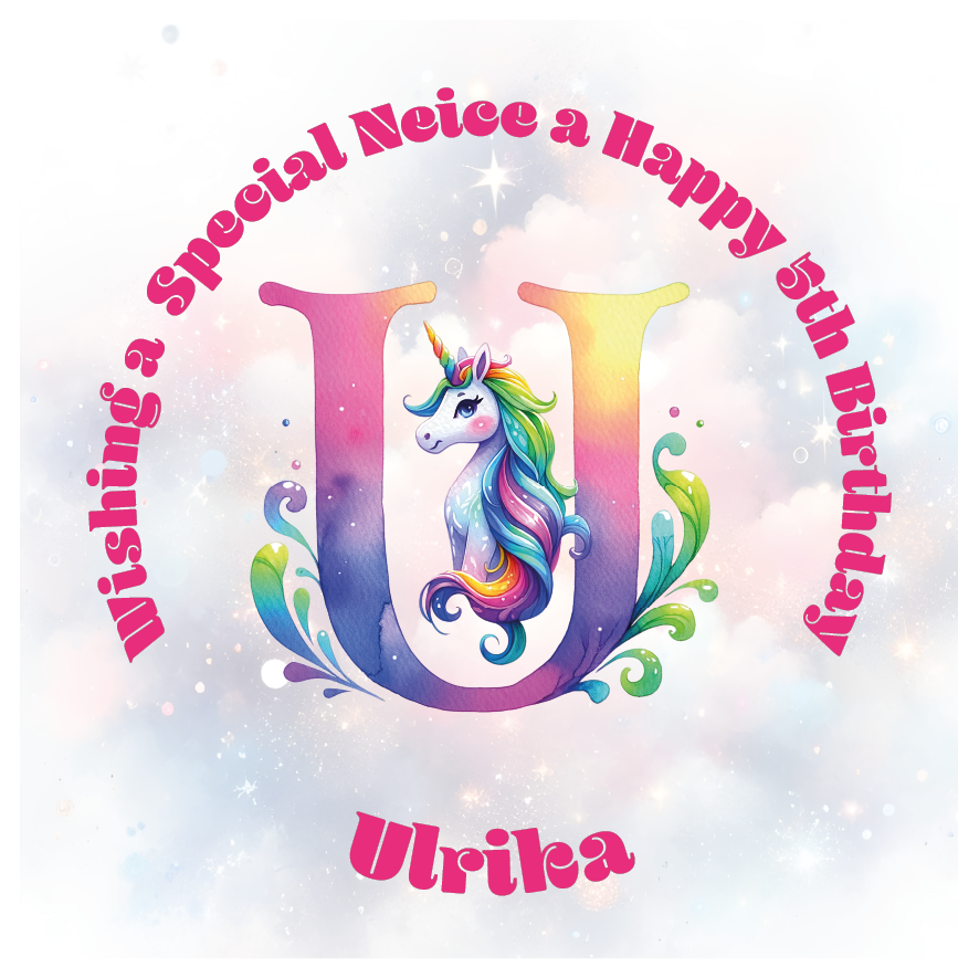 Colorful birthday card with unicorn and letter 'U' for a special birthday. personalised with name age and relation.