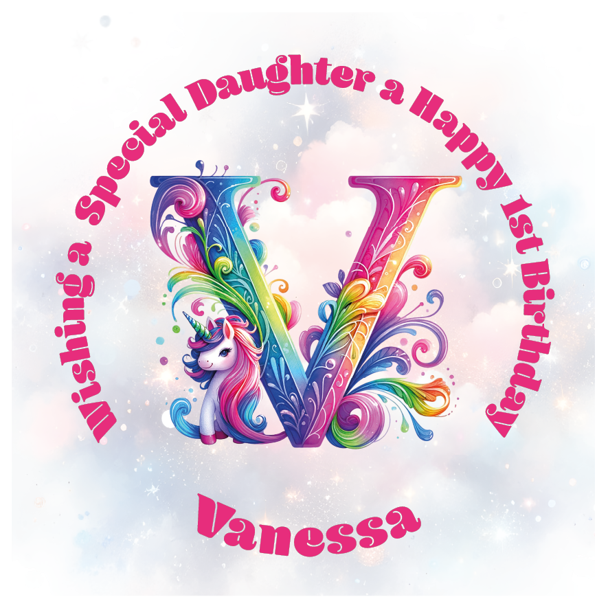 Colorful birthday card with unicorn and letter 'V' for a special birthday. personalised with name age and relation.