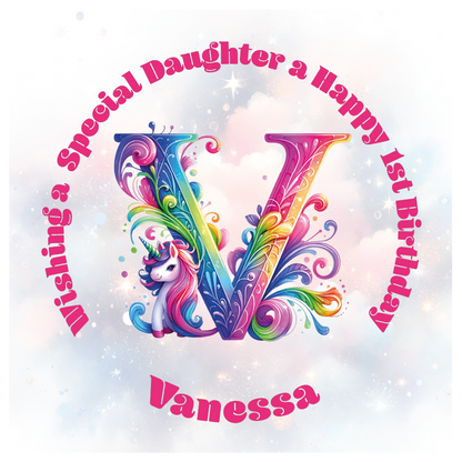 Colorful birthday card with unicorn and letter 'V' for a special birthday. personalised with name age and relation.