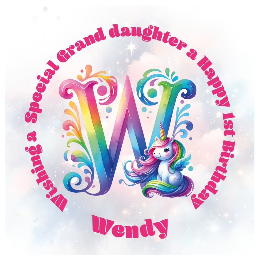 Colorful birthday card with unicorn and letter 'W' for a special birthday. personalised with name age and relation.