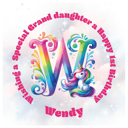 Colorful birthday card with unicorn and letter 'W' for a special birthday. personalised with name age and relation.