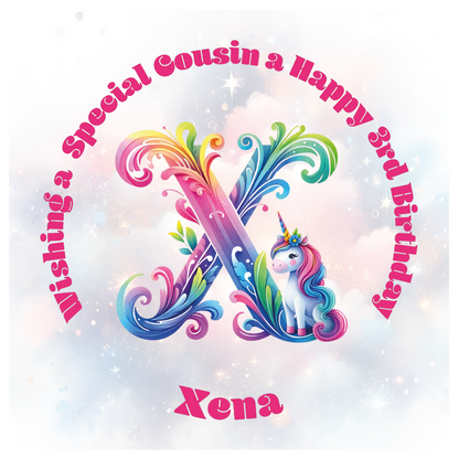 Colorful birthday card with unicorn and letter 'X' for a special birthday. personalised with name age and relation.