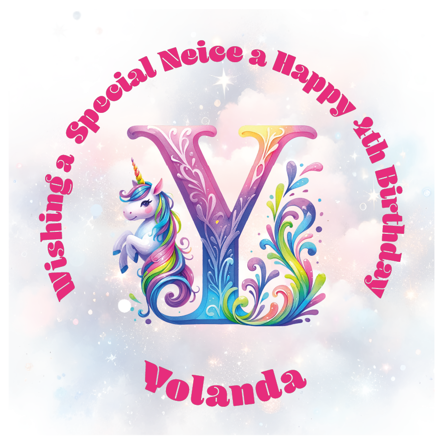 Colorful birthday card with unicorn and letter 'Y' for a special birthday. personalised with name age and relation.
