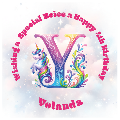 Colorful birthday card with unicorn and letter 'Y' for a special birthday. personalised with name age and relation.