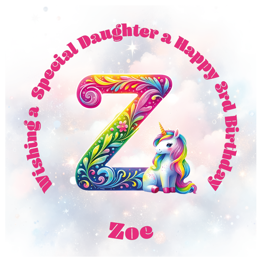 Colorful birthday card with unicorn and letter 'Z' for a special birthday. personalised with name age and relation.