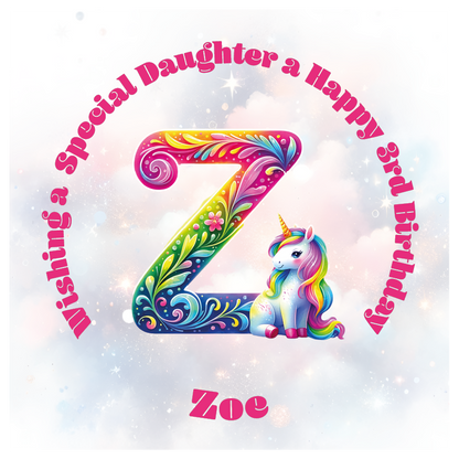 Colorful birthday card with unicorn and letter 'Z' for a special birthday. personalised with name age and relation.