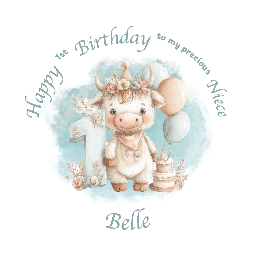 Illustration of a cow celebrating its first birthday with text and balloons on a light blue background. Personalised for age name and relation.