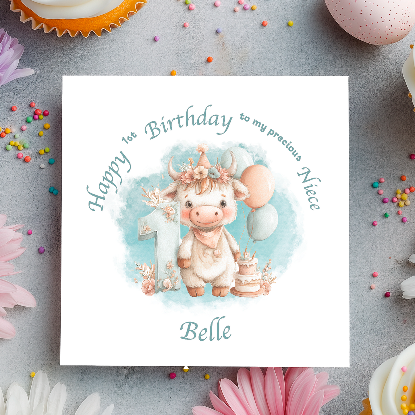 Illustration of a cow celebrating its first birthday with text and balloons on a light blue background. Personalised for age name and relation.