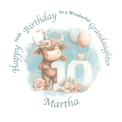 10th Birthday card with a cartoon cow holding a number 10, surrounded by flowers and balloons on a light blue background. Personalised for name, age and relation.