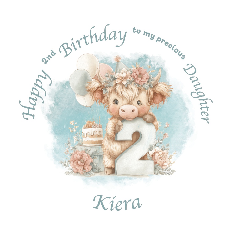 2nd Birthday card with a cartoon cow holding a number 2, surrounded by flowers and balloons on a light blue background. Personalised for name, age and relation.