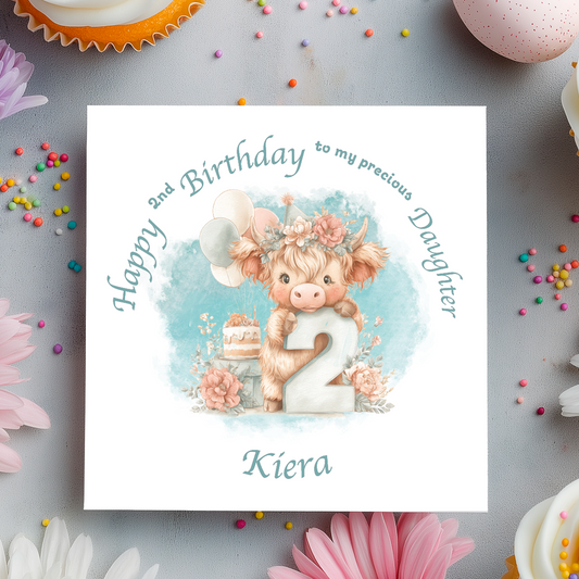 2nd Birthday card with a cartoon cow holding a number 2, surrounded by flowers and balloons on a light blue background. Personalised for name, age and relation.