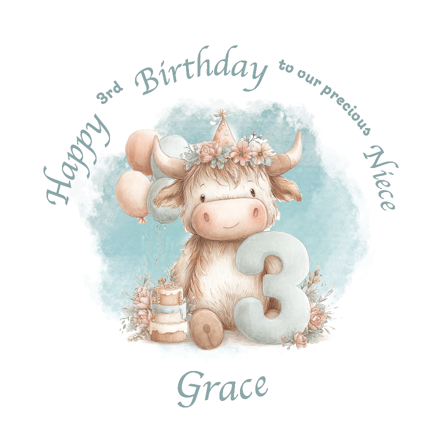 3rd Birthday card with a cartoon cow holding a number 3, surrounded by flowers and balloons on a light blue background. Personalised for name, age and relation.