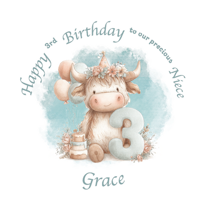 3rd Birthday card with a cartoon cow holding a number 3, surrounded by flowers and balloons on a light blue background. Personalised for name, age and relation.