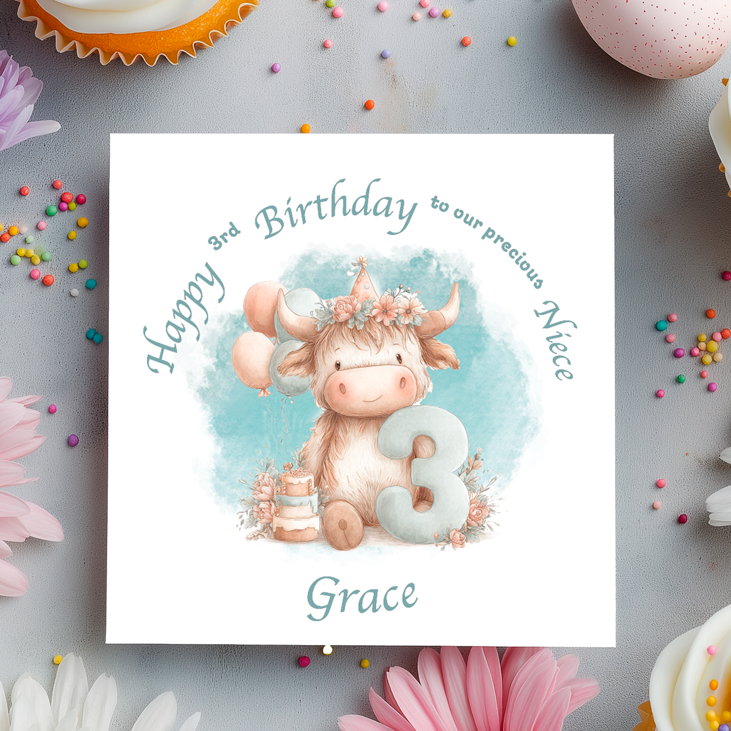 3rd Birthday card with a cartoon cow holding a number 3, surrounded by flowers and balloons on a light blue background. Personalised for name, age and relation.