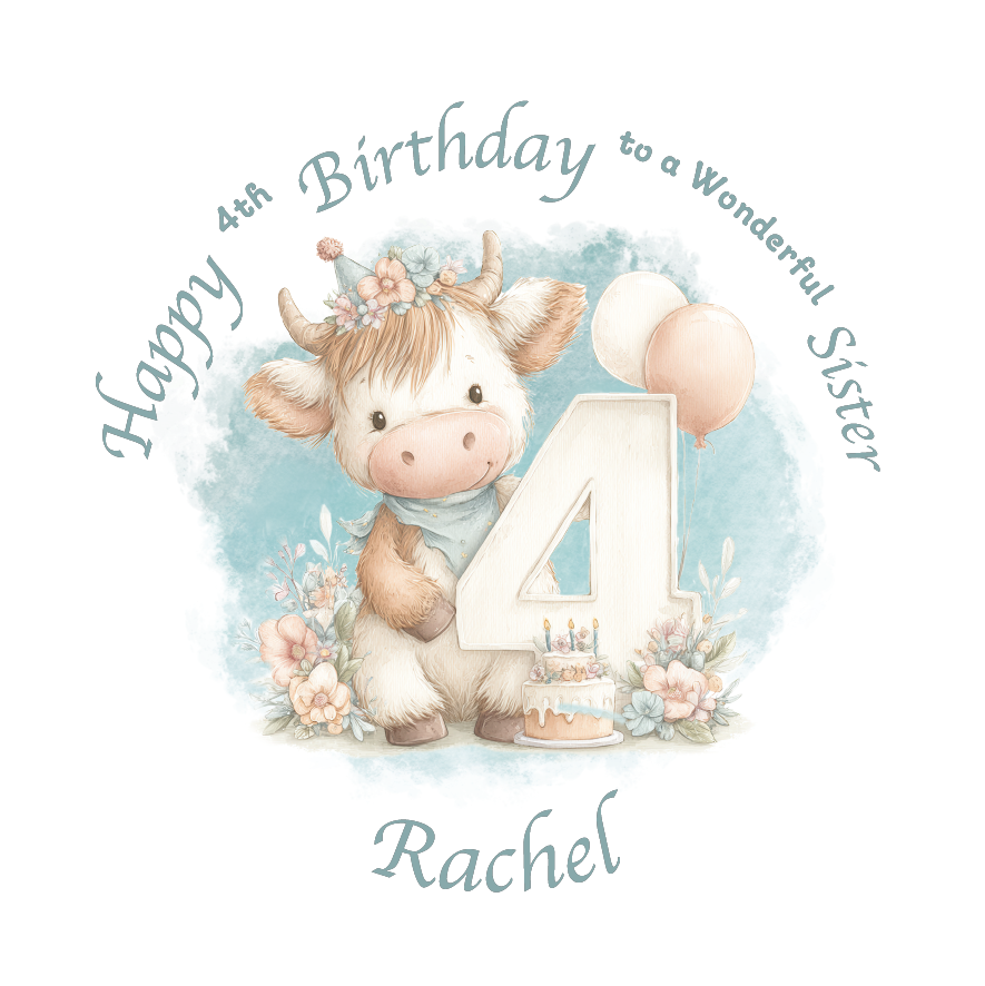 4th Birthday card with a cartoon cow holding a number 4, surrounded by flowers and balloons on a light blue background. Personalised for name, age and relation.