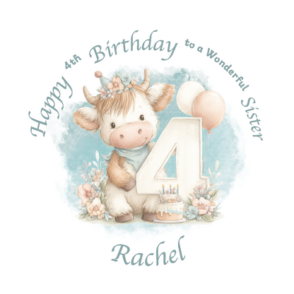 4th Birthday card with a cartoon cow holding a number 4, surrounded by flowers and balloons on a light blue background. Personalised for name, age and relation.