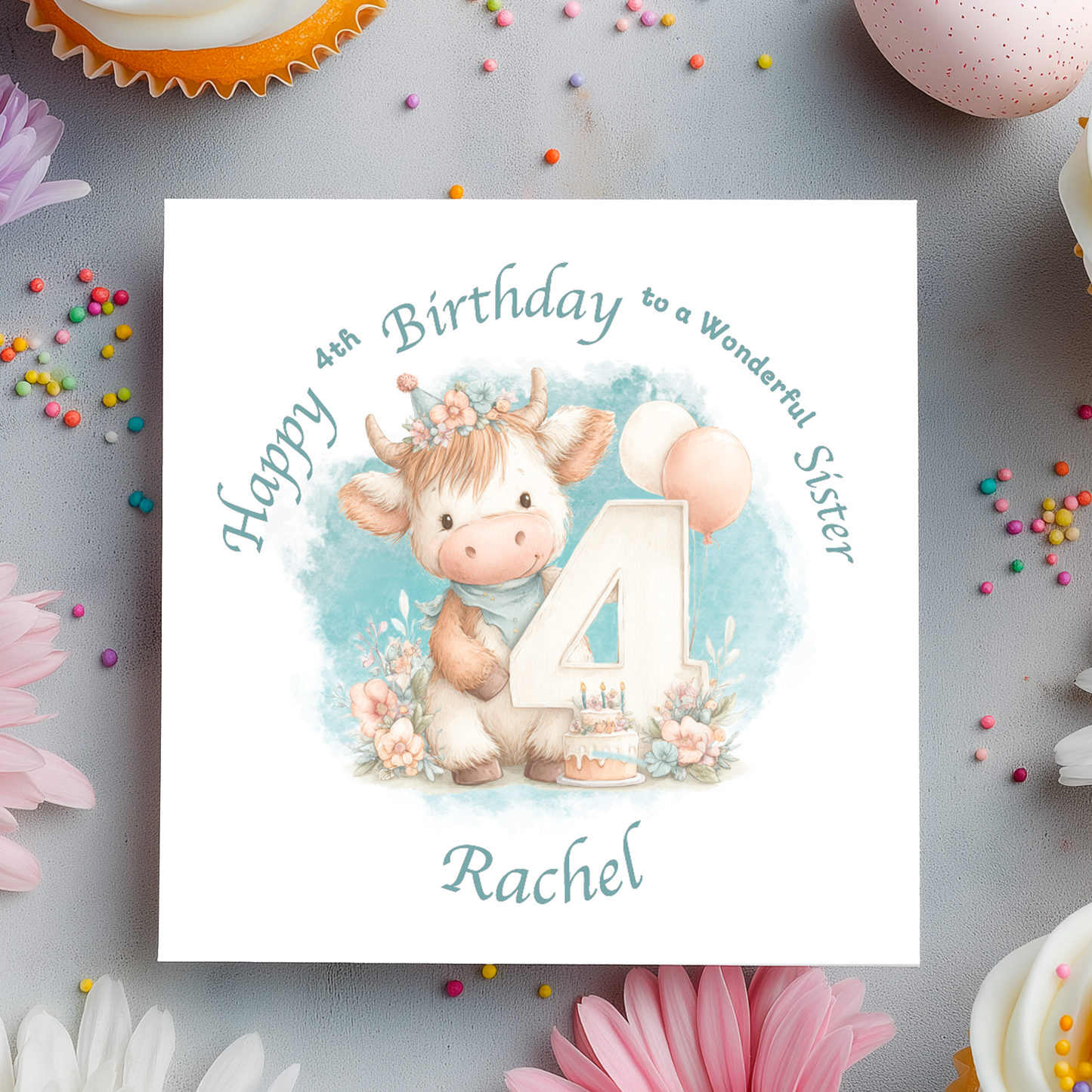 4th Birthday card with a cartoon cow holding a number 4, surrounded by flowers and balloons on a light blue background. Personalised for name, age and relation.