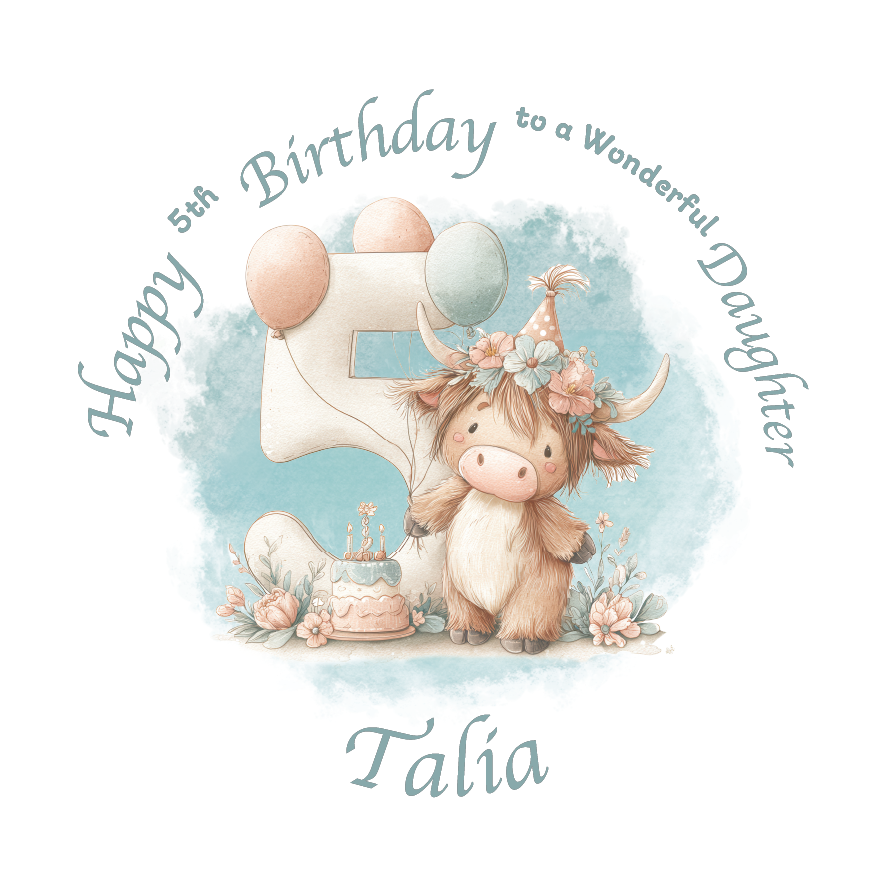 5th Birthday card with a cartoon cow holding a number 5, surrounded by flowers and balloons on a light blue background. Personalised for name, age and relation.