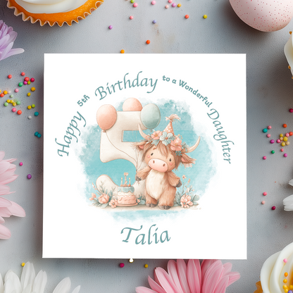 5th Birthday card with a cartoon cow holding a number 5, surrounded by flowers and balloons on a light blue background. Personalised for name, age and relation.