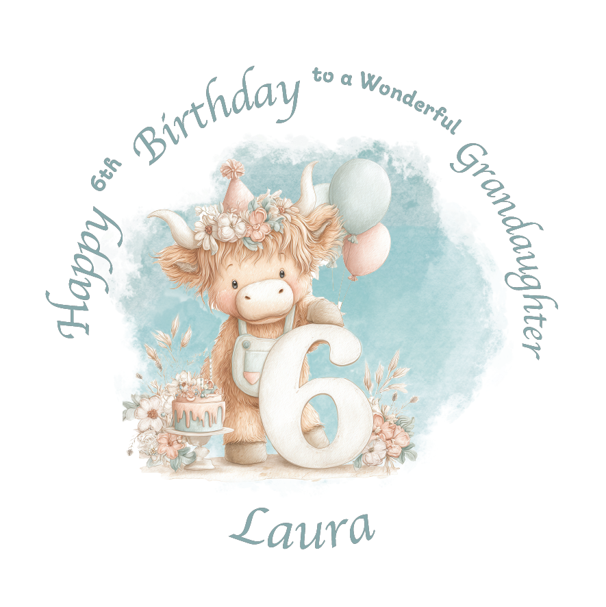 6th Birthday card with a cartoon cow holding a number 6, surrounded by flowers and balloons on a light blue background. Personalised for name, age and relation.