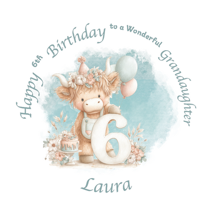 6th Birthday card with a cartoon cow holding a number 6, surrounded by flowers and balloons on a light blue background. Personalised for name, age and relation.