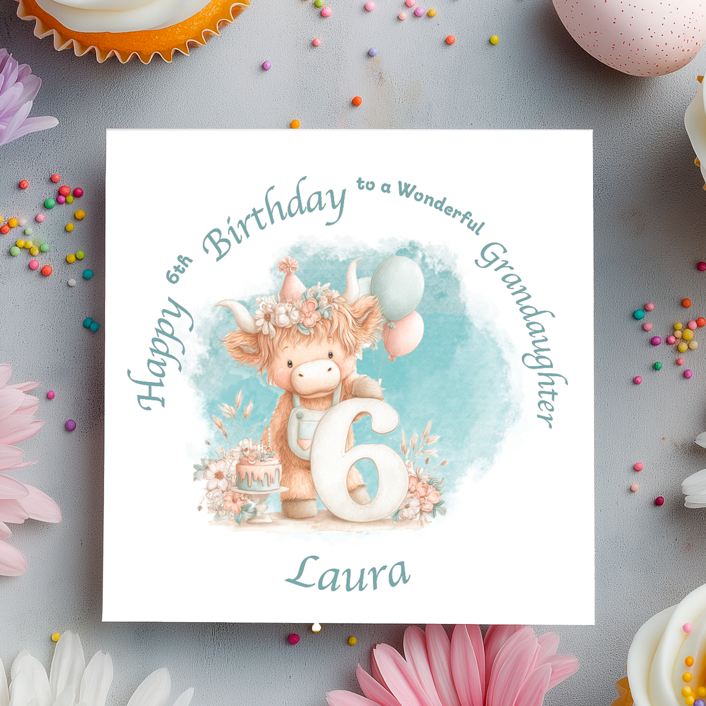 6th Birthday card with a cartoon cow holding a number 6, surrounded by flowers and balloons on a light blue background. Personalised for name, age and relation.