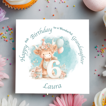 6th Birthday card with a cartoon cow holding a number 6, surrounded by flowers and balloons on a light blue background. Personalised for name, age and relation.