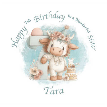 7th Birthday card with a cartoon cow holding a number 7, surrounded by flowers and balloons on a light blue background. Personalised for name, age and relation.