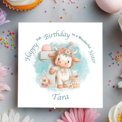 7th Birthday card with a cartoon cow holding a number 7, surrounded by flowers and balloons on a light blue background. Personalised for name, age and relation.