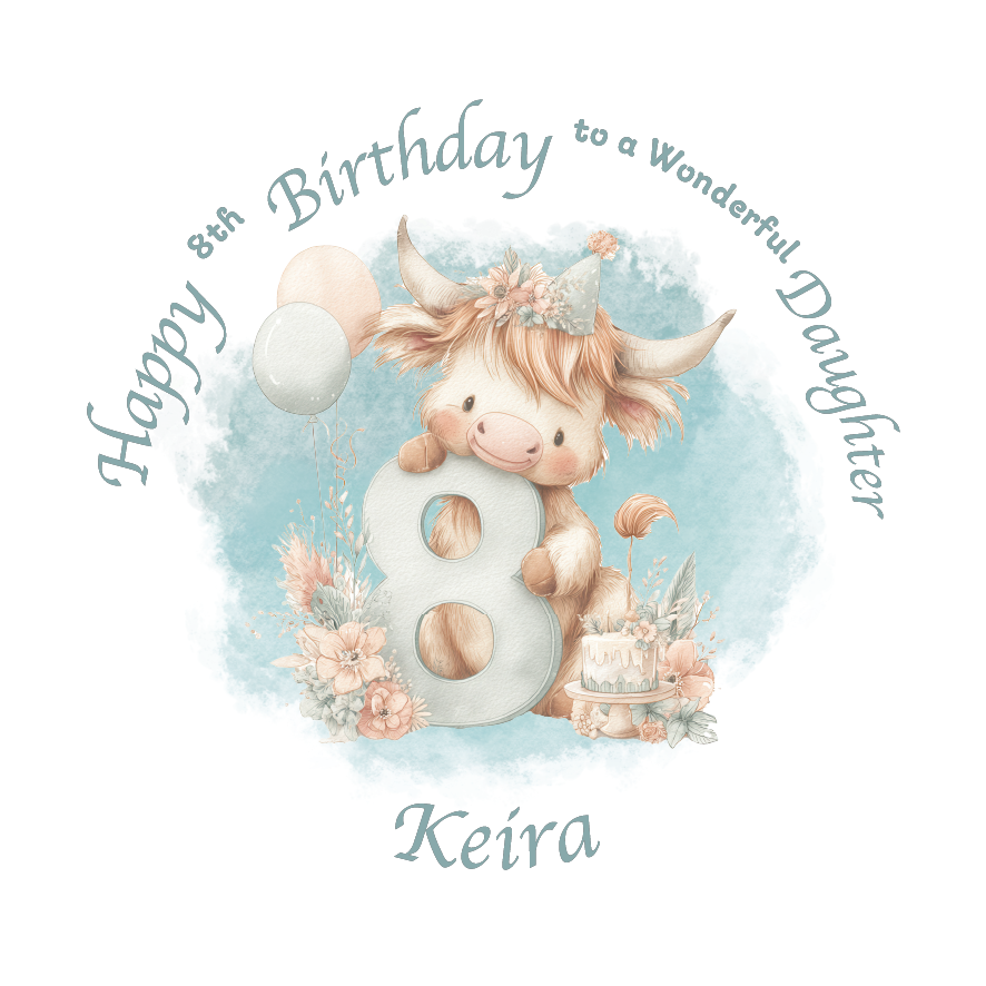 8th Birthday card with a cartoon cow holding a number 8, surrounded by flowers and balloons on a light blue background. Personalised for name, age and relation.