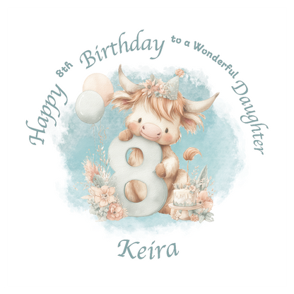 8th Birthday card with a cartoon cow holding a number 8, surrounded by flowers and balloons on a light blue background. Personalised for name, age and relation.