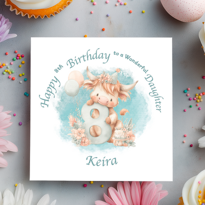 8th Birthday card with a cartoon cow holding a number 8, surrounded by flowers and balloons on a light blue background. Personalised for name, age and relation.
