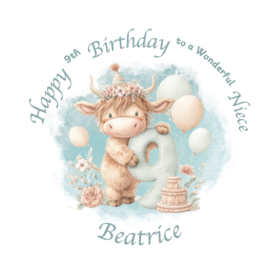 9th Birthday card with a cartoon cow holding a number 9, surrounded by flowers and balloons on a light blue background. Personalised for name, age and relation.