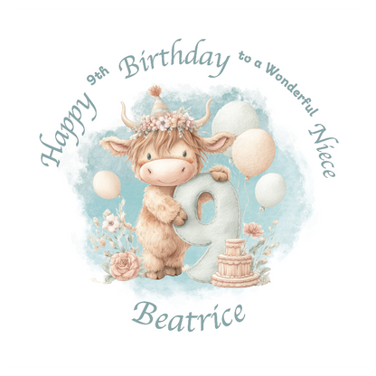 9th Birthday card with a cartoon cow holding a number 9, surrounded by flowers and balloons on a light blue background. Personalised for name, age and relation.