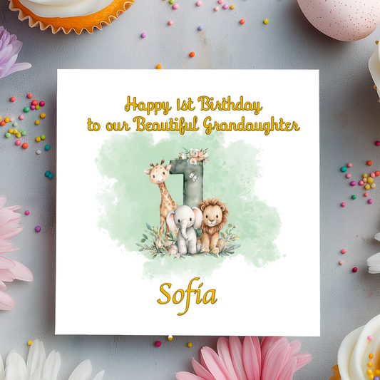 Birthday card with animals and 'Happy 1st Birthday and  text personalised for name, age and relation on a decorative background.
